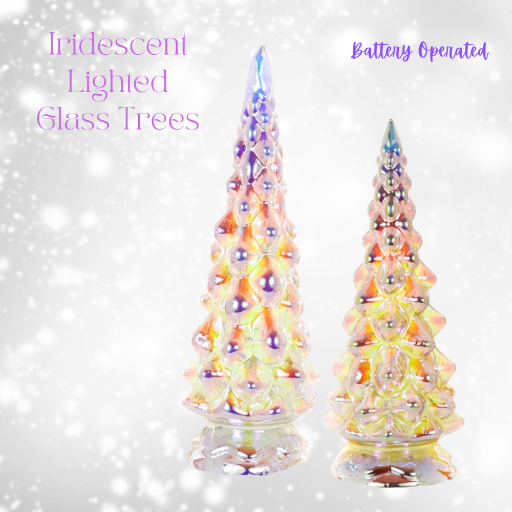Cody Foster Retro Iridescent Christmas Trees Set of 2 Battery Lighted Glass
